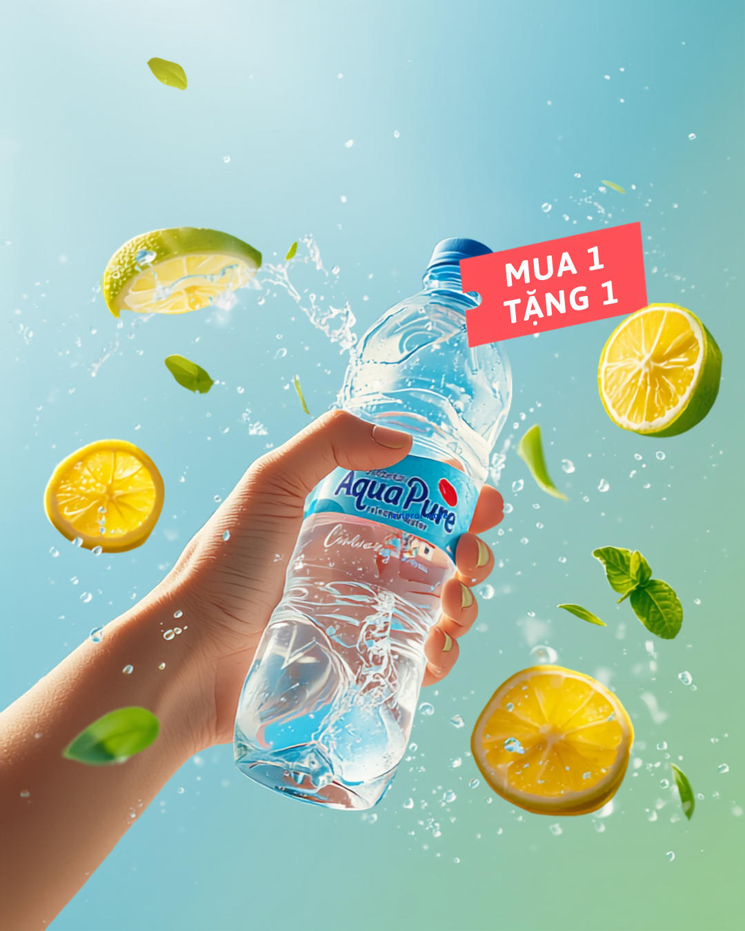 Ảnh ví dụ minh hoạ phong cách poster nước uống, bản close-up tay cầm chai nước với lát chanh