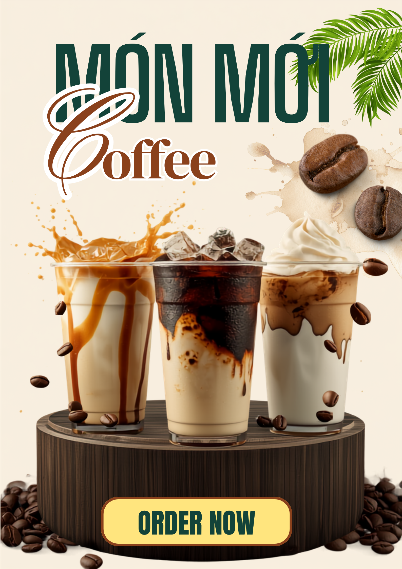 Ảnh ví dụ minh hoạ, poster Món Mới Coffee, ba ly cà phê kèm nút Order Now