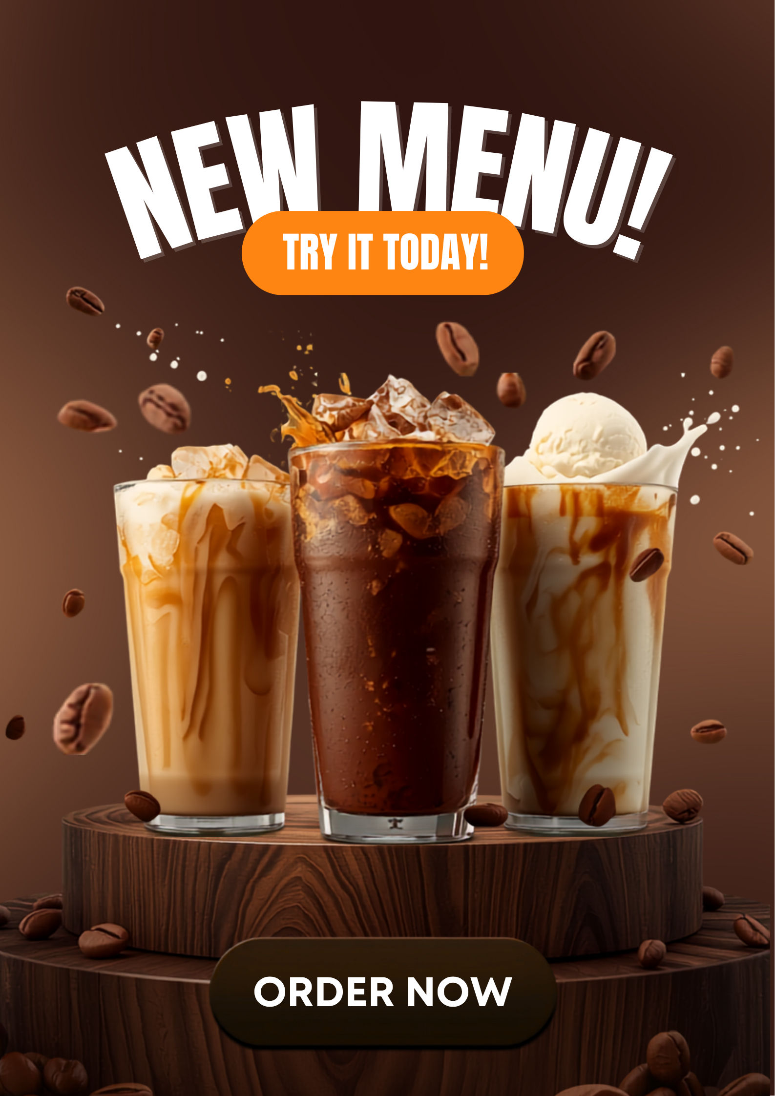 Ảnh ví dụ minh hoạ, poster New Menu, ba ly cà phê nền nâu
