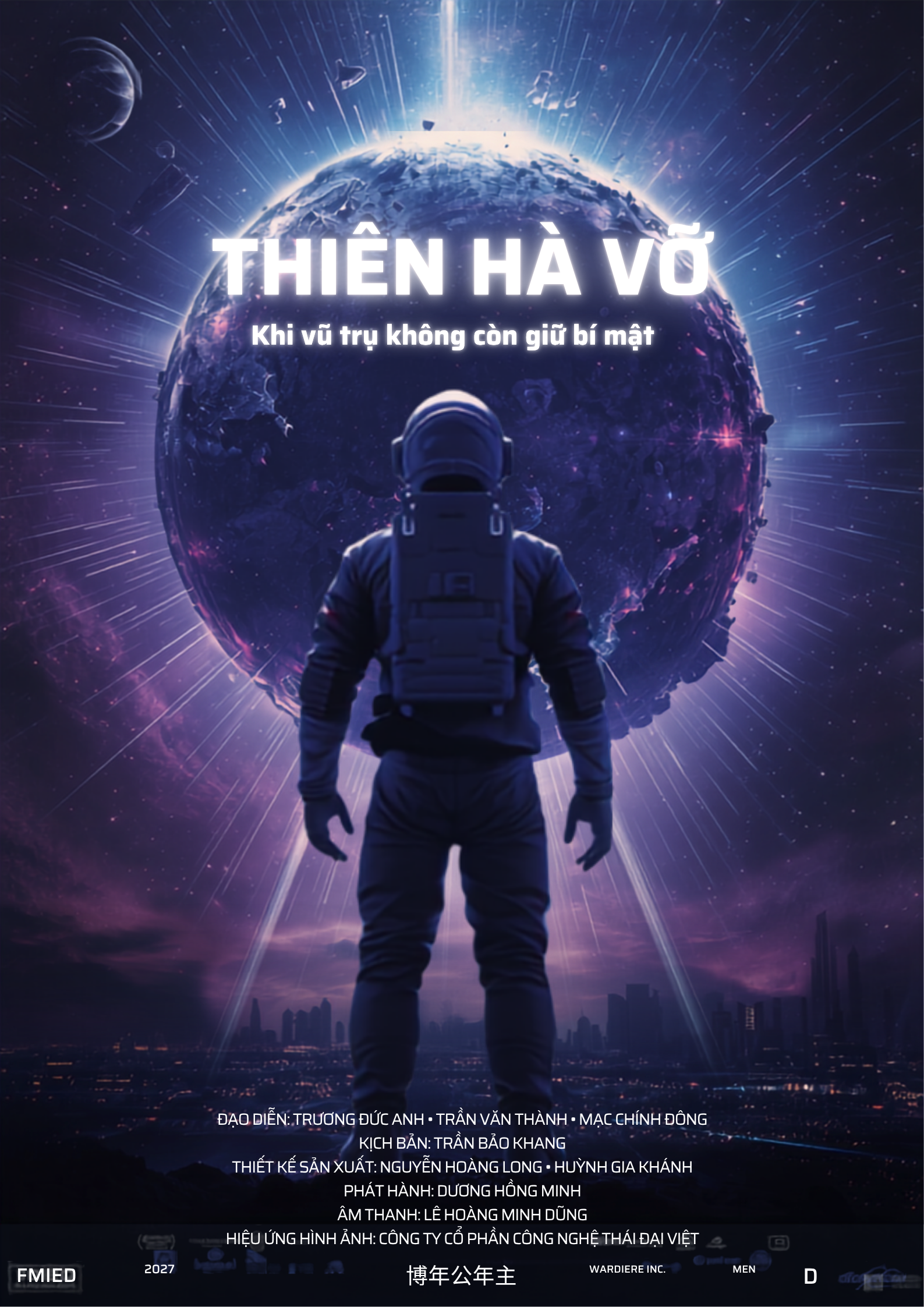 Ảnh ví dụ minh hoạ phong cách poster phim khoa học viễn tưởng, phi hành gia trước hành tinh vỡ