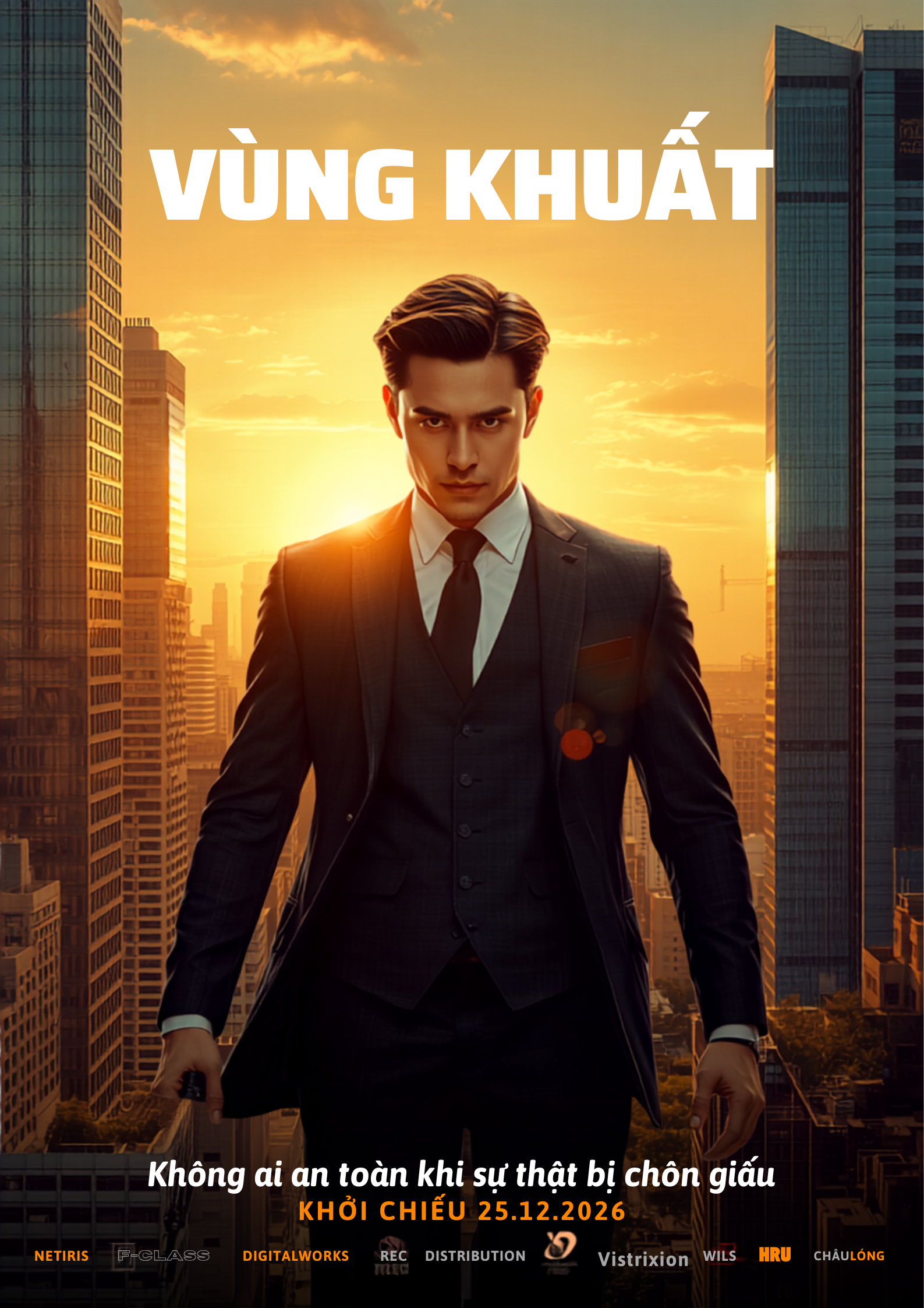 Ảnh ví dụ minh hoạ phong cách poster phim hành động, nhân vật vest đứng trước toà nhà, tông hoàng hôn